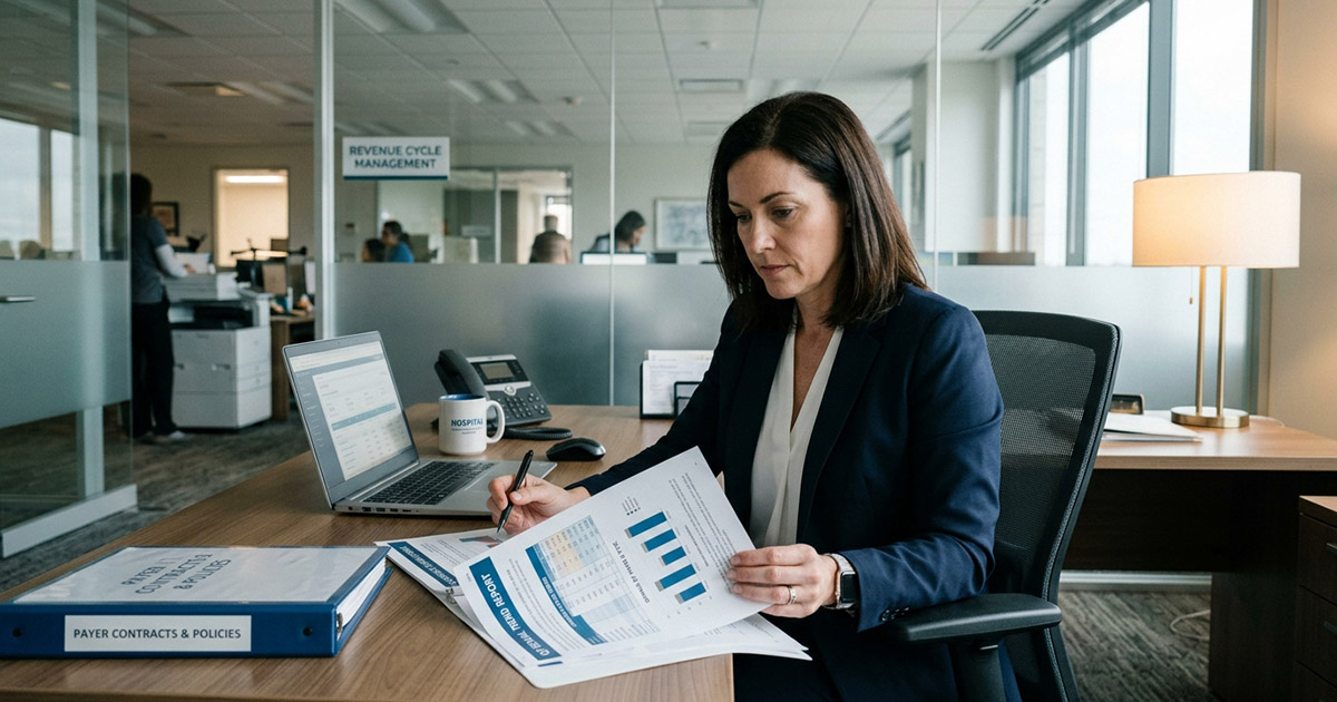 Healthcare revenue recovery specialist analyzing billing data in a revenue cycle office