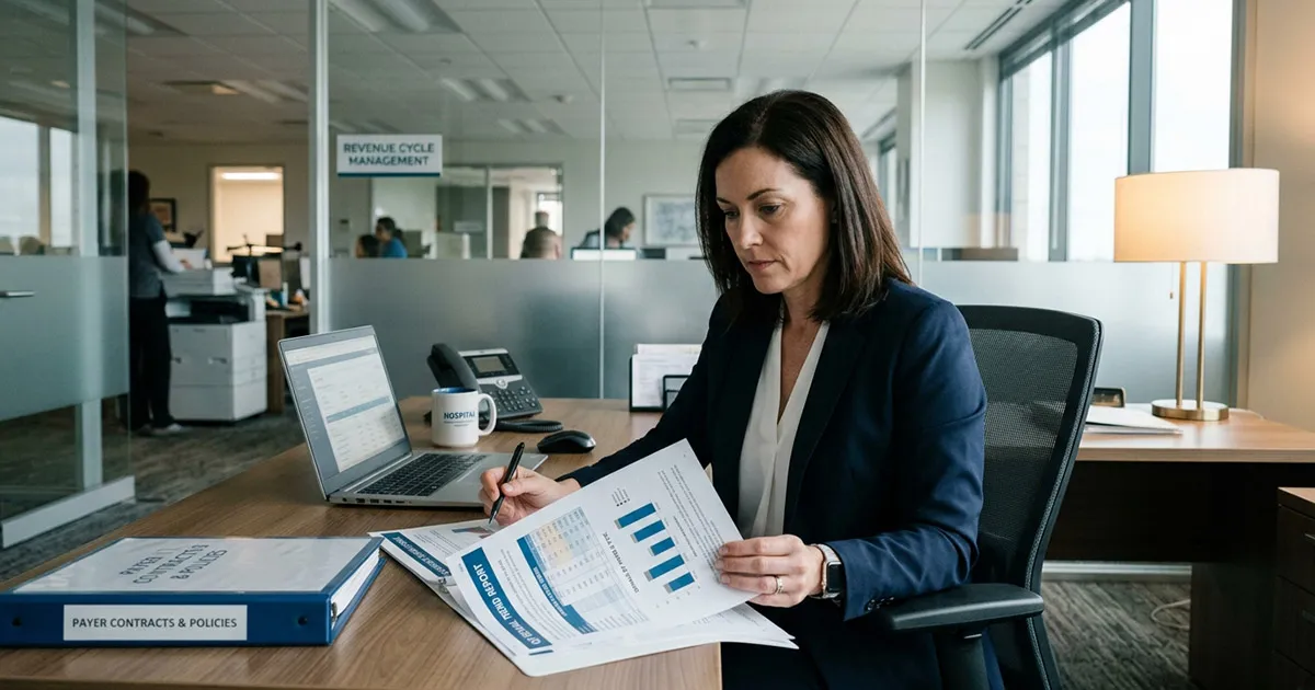 Healthcare revenue recovery specialist analyzing billing data in a revenue cycle office