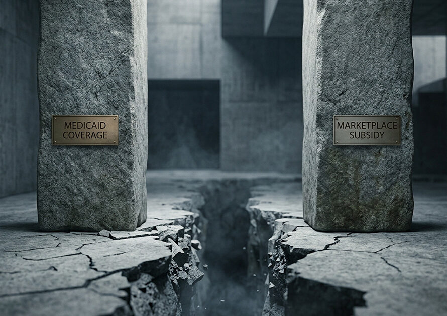 Visual metaphor of the coverage gap between Medicaid and marketplace