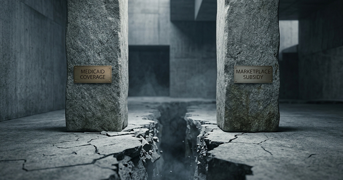 Visual metaphor of the coverage gap between Medicaid and marketplace
