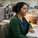 Customer success team member working at her desk in a billing office