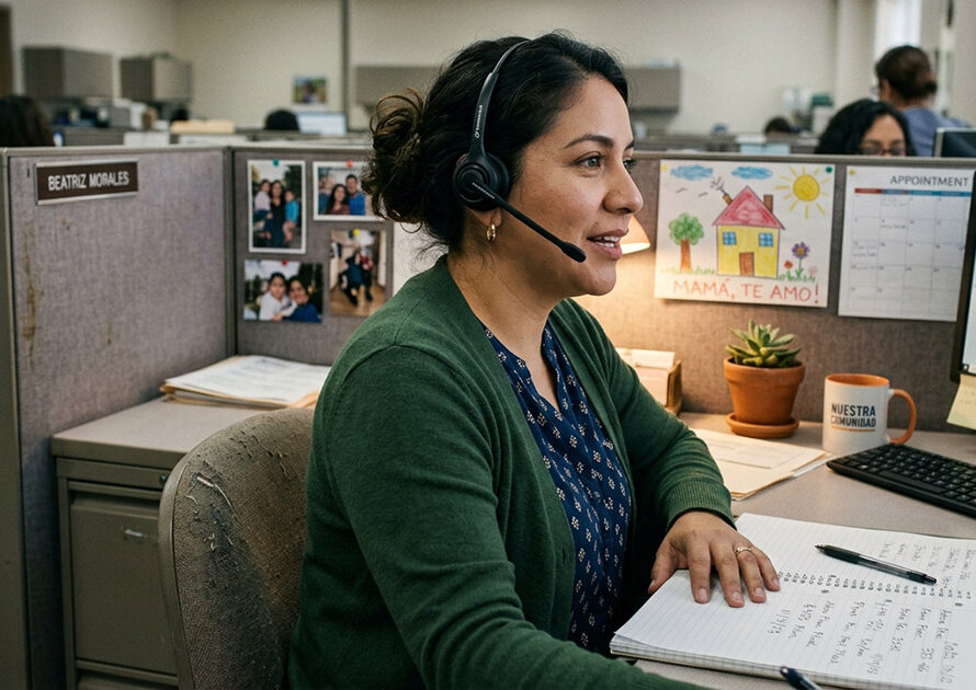 Customer success team member working at her desk in a billing office