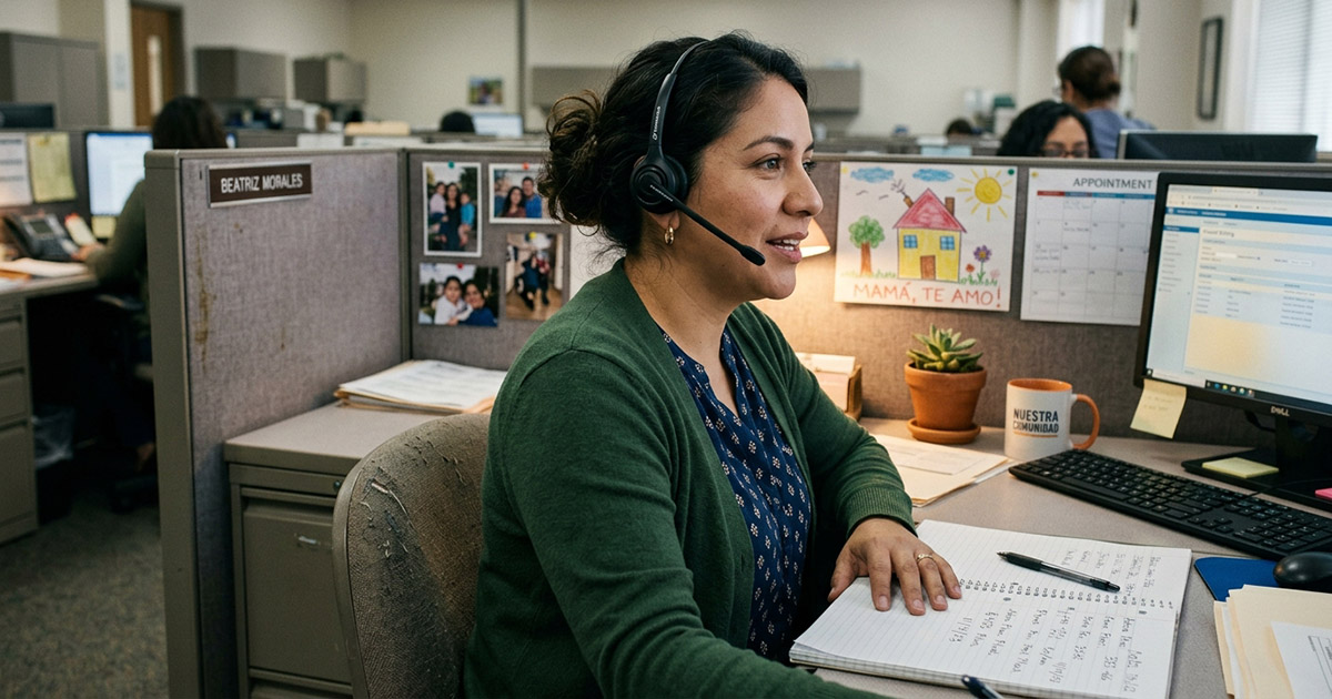 Customer success team member working at her desk in a billing office