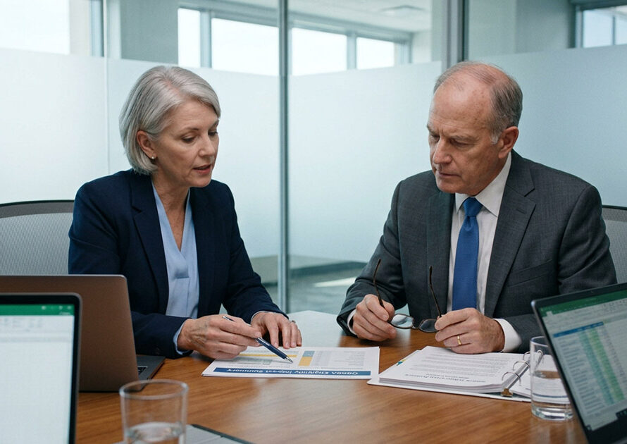Hospital CFO and revenue cycle director reviewing a revenue recovery analysis report