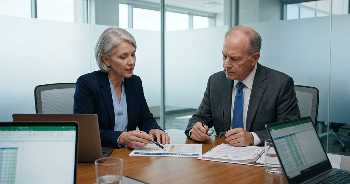 Hospital CFO and revenue cycle director reviewing a revenue recovery analysis report