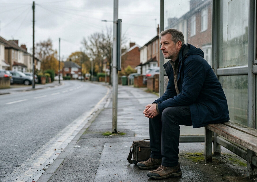 Cancer patient waiting at a bus stop, highlighting the need for transportation grants