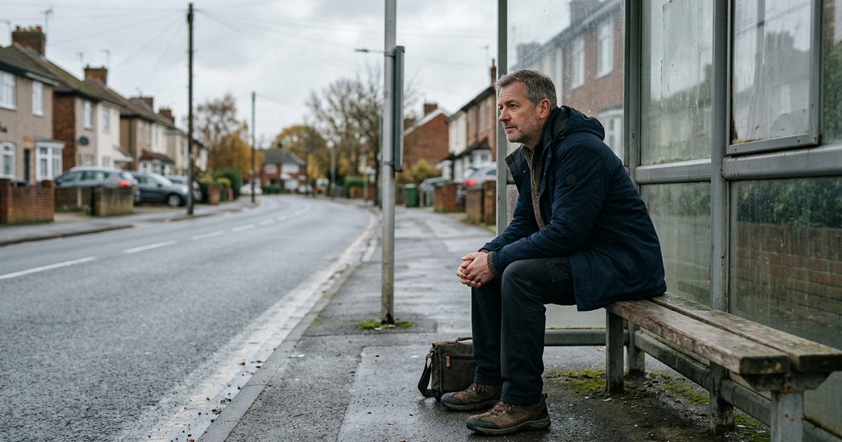 Cancer patient waiting at a bus stop, highlighting the need for transportation grants