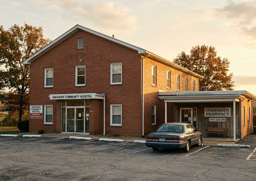 Rural community hospital exterior with pharmacy entrance at golden hour.