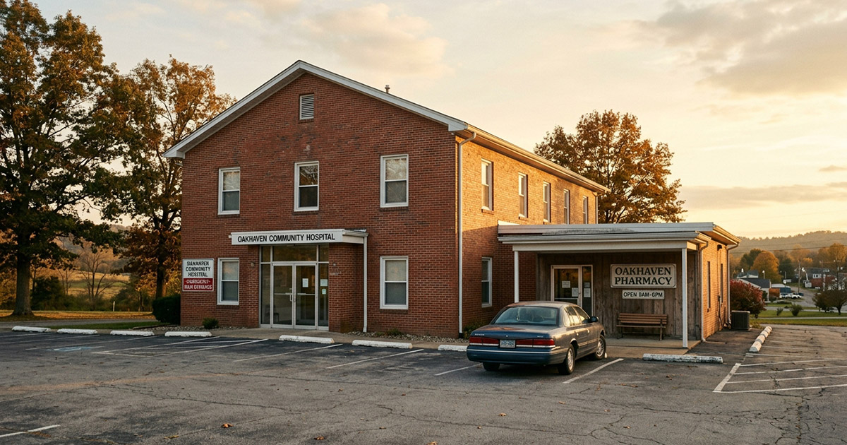 Rural community hospital exterior with pharmacy entrance at golden hour.