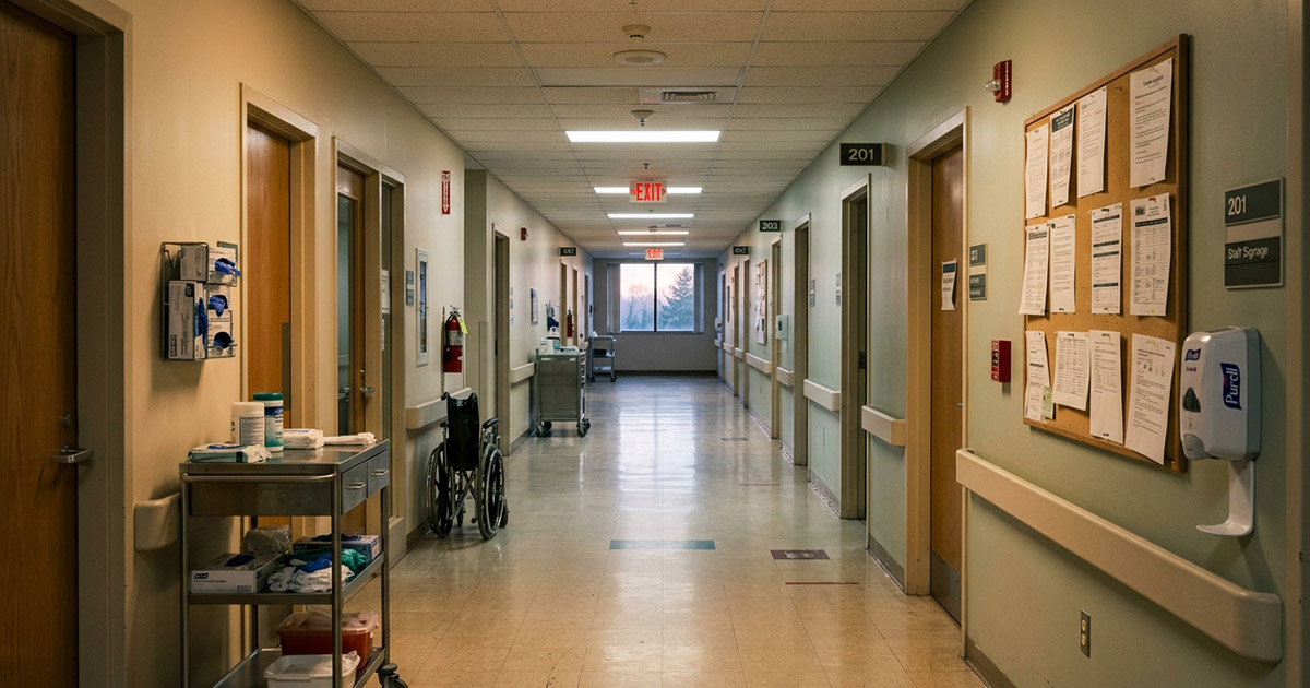 Empty community hospital corridor in early morning light