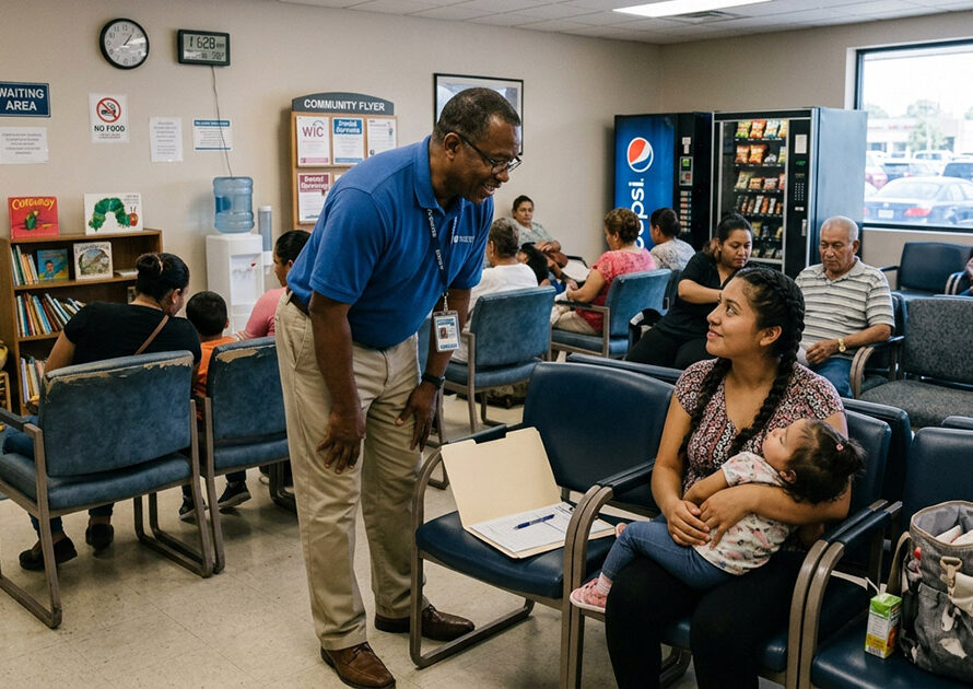 Community hospital worker assisting a young family with paperwork