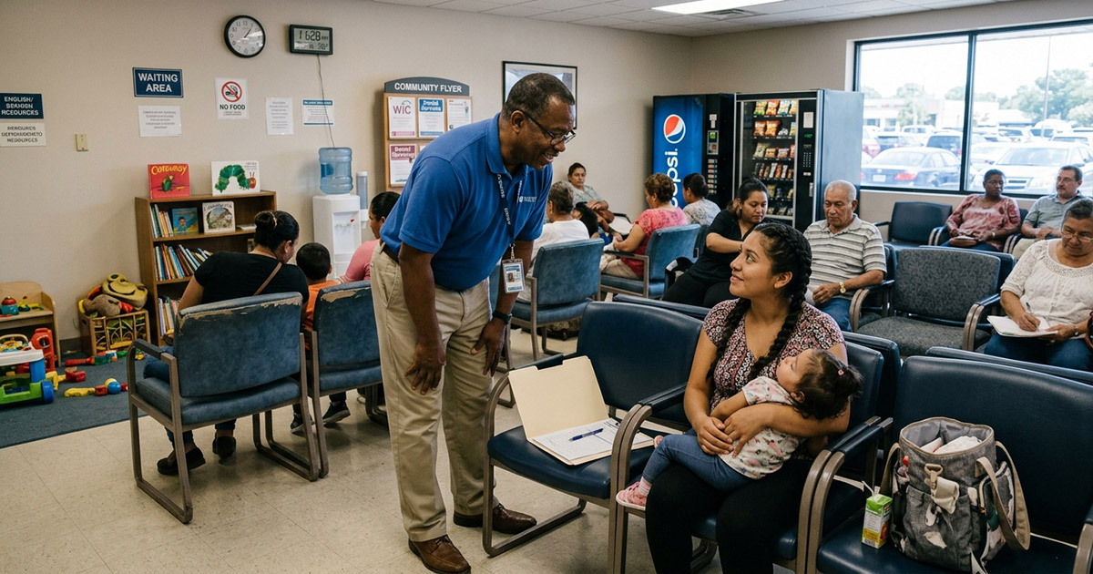 Community hospital worker assisting a young family with paperwork