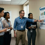 Hospital finance and pharmacy staff reviewing a printed dashboard.