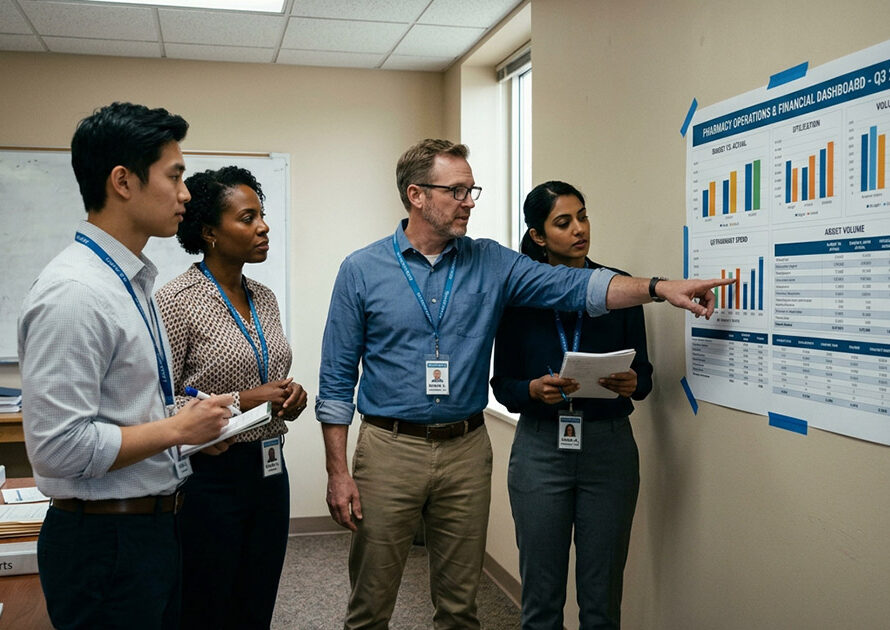 Hospital finance and pharmacy staff reviewing a printed dashboard.