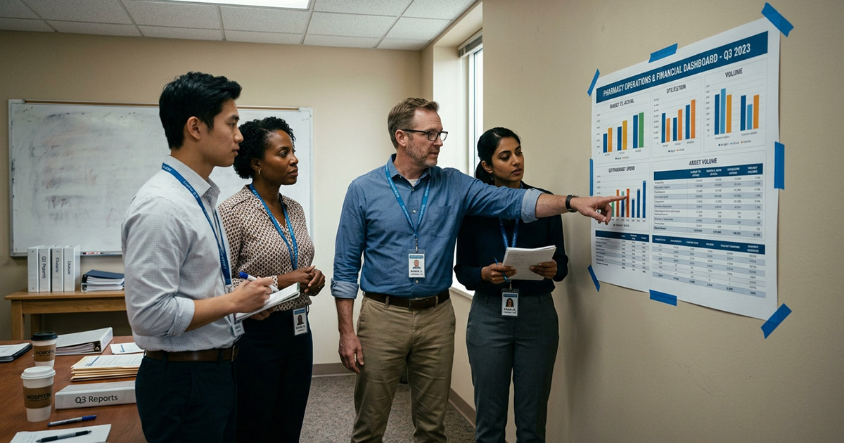 Hospital finance and pharmacy staff reviewing a printed dashboard.