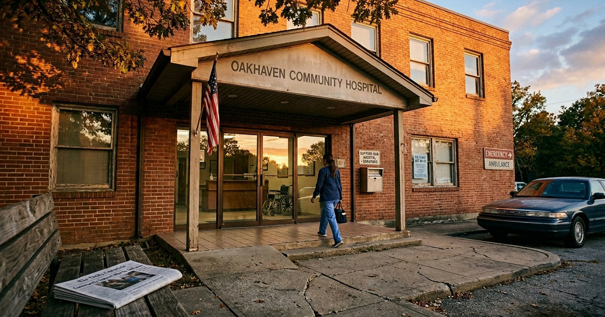 Brick facade of a community hospital serving a working-class town