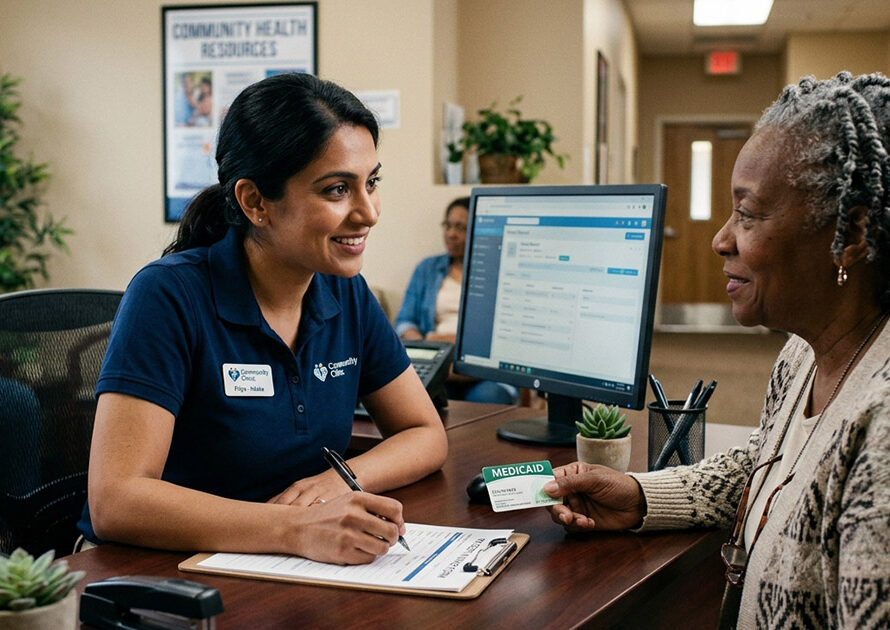 Intake clerk updating contact information with an older patient at a clinic