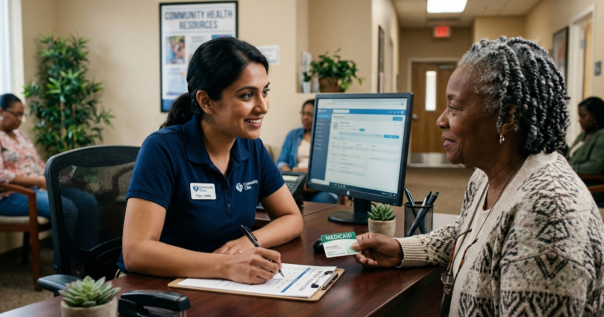 Intake clerk updating contact information with an older patient at a clinic