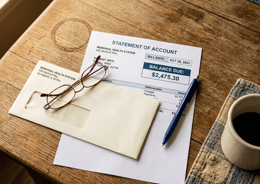 Hospital billing statement on a kitchen table showing uncompensated care