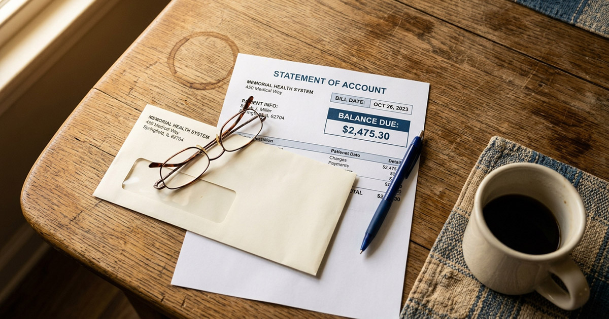 Hospital billing statement on a kitchen table showing uncompensated care