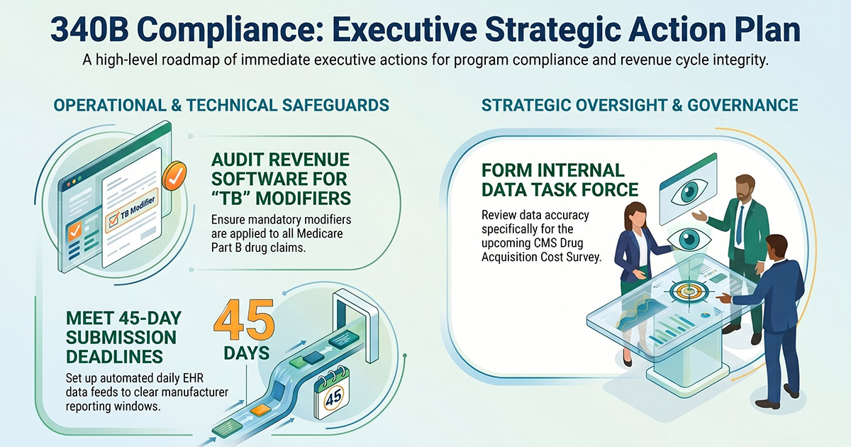 Infographic of executive 340B compliance steps for revenue cycle integrity