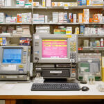 A pharmacy backroom with crammed shelves and equipment on a countertop