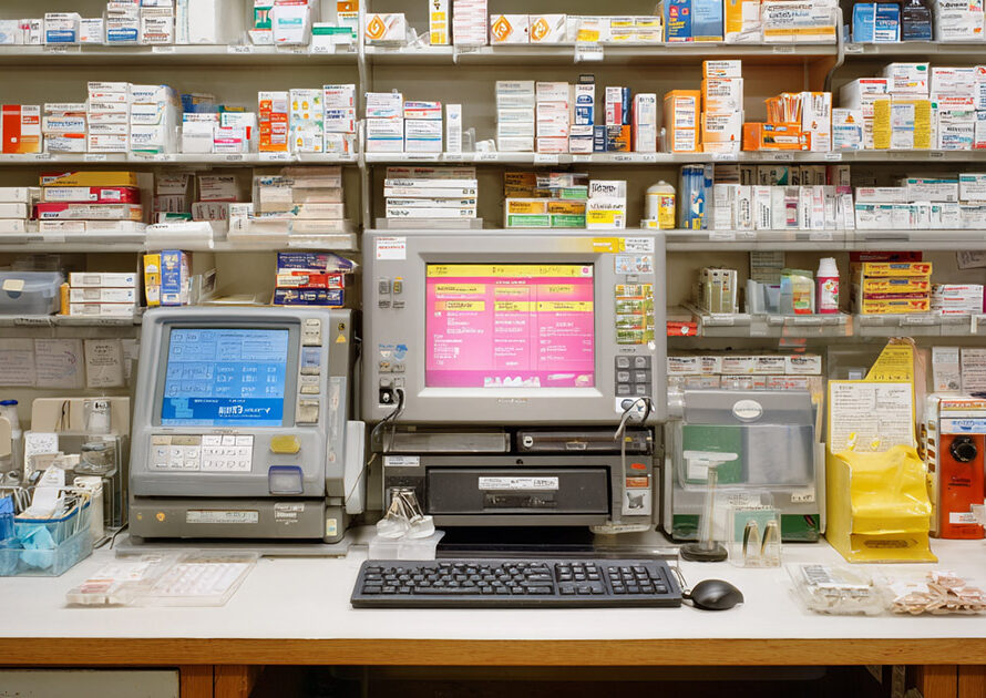 A pharmacy backroom with crammed shelves and equipment on a countertop
