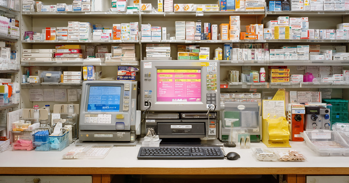 A pharmacy backroom with crammed shelves and equipment on a countertop