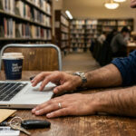 Man using a hospital financial assistance calculator on a laptop in a library