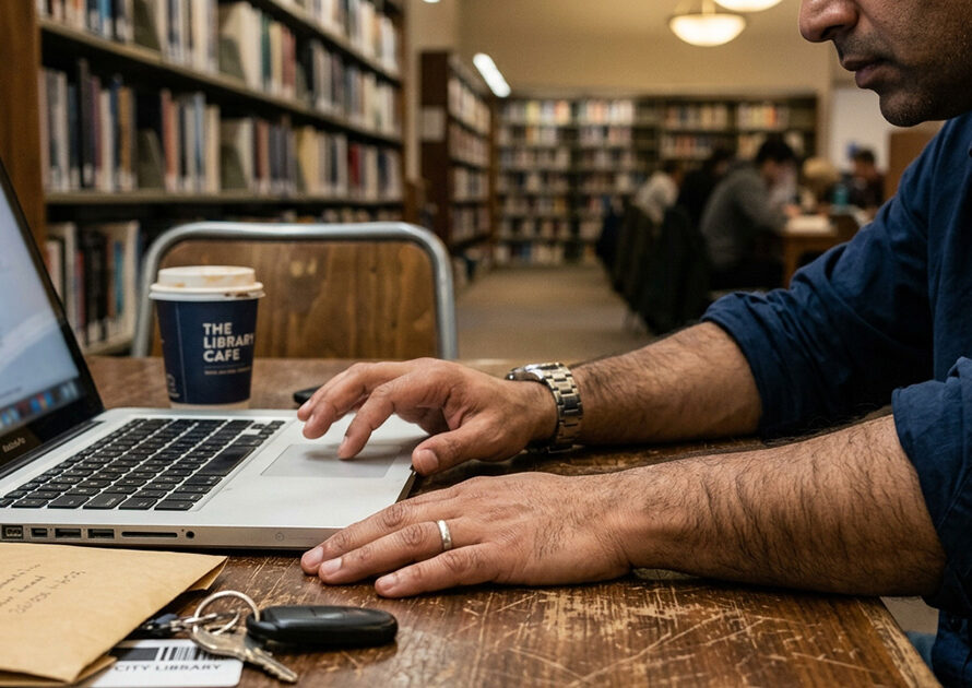 Man using a hospital financial assistance calculator on a laptop in a library