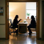 Backlit counselor and patient seated in a hospital office