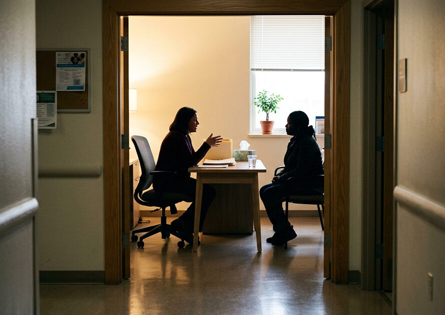 Backlit counselor and patient seated in a hospital office