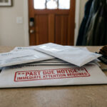 Stack of medical bills on a counter with a red past due stamp