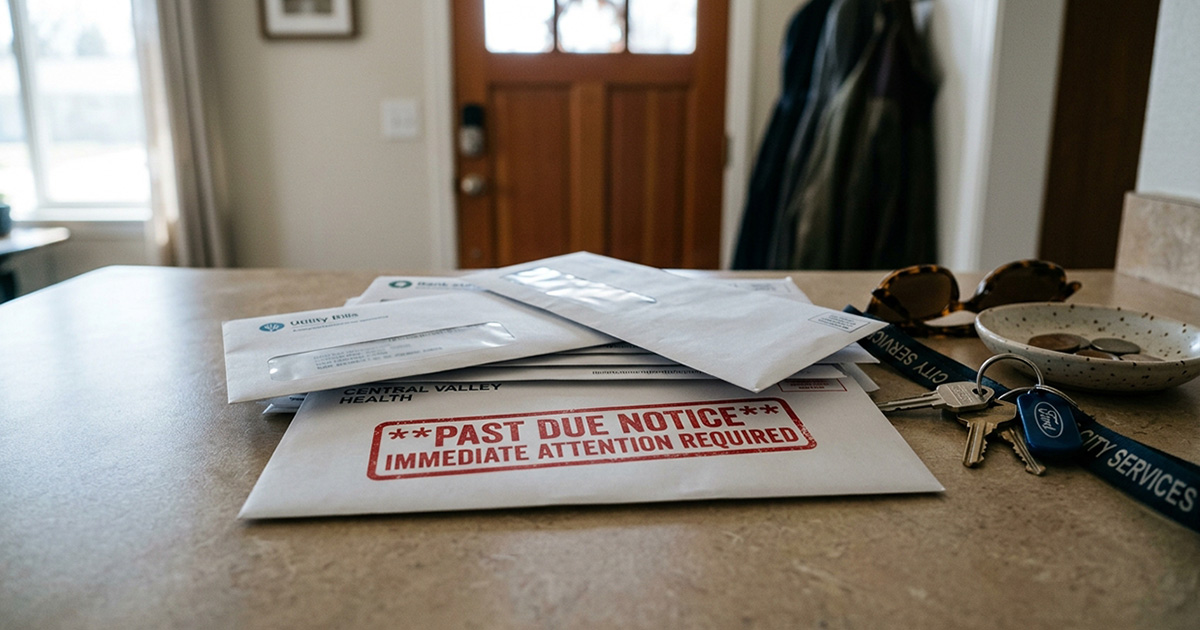 Stack of medical bills on a counter with a red past due stamp