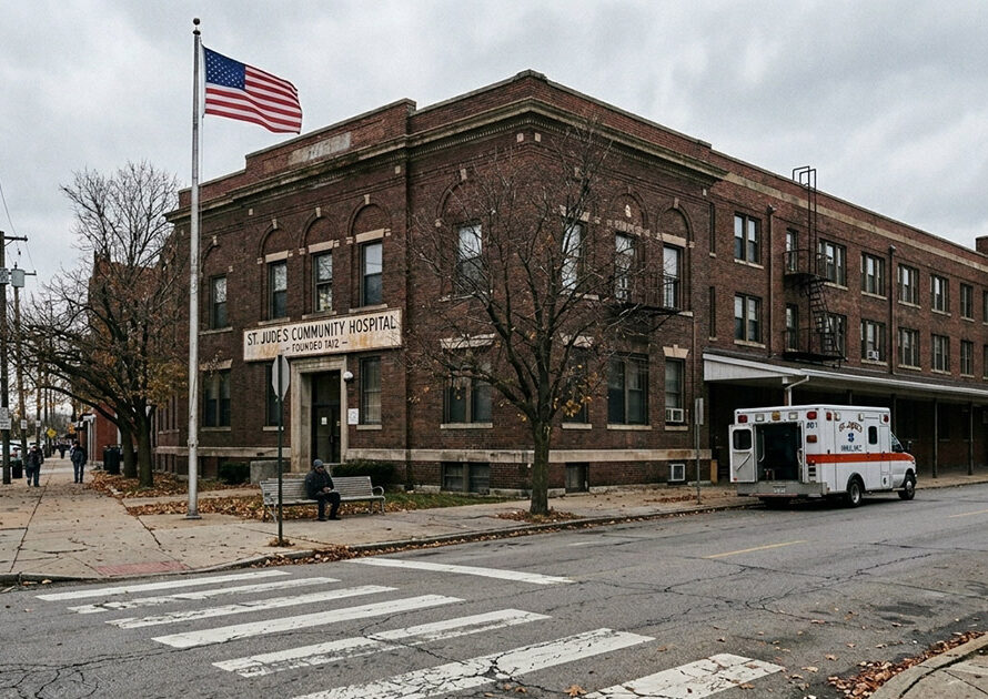 Older brick safety-net hospital with a faded sign and ambulance bay